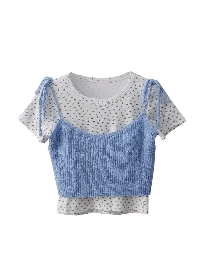 LIZAKOSHT  -  Women's Korean Sweet Style Small Floral O-neck Short -sleeved T-shirts+ Summer Bow Lace-up Suspenders Stacked Tops Two-piece Set