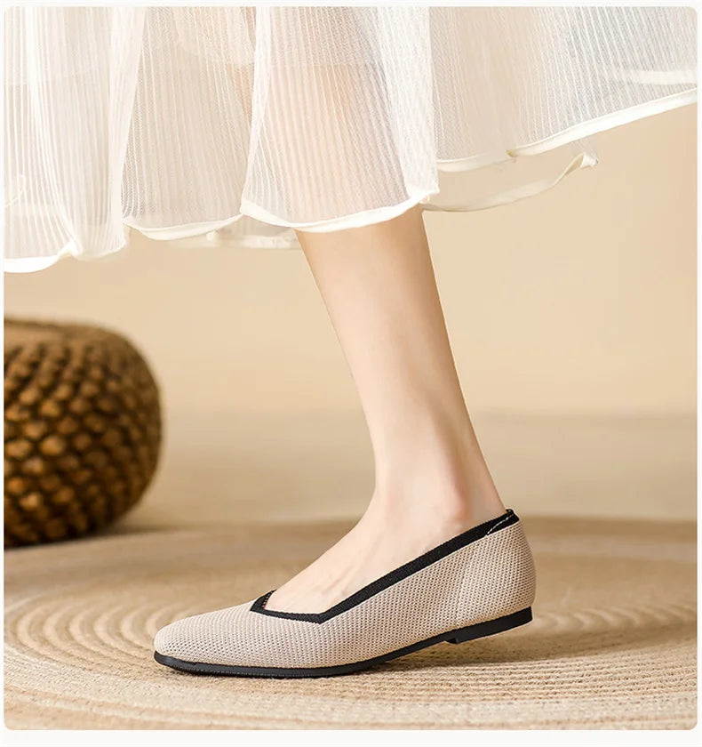 LIZAKOSHT  -  Women Spring Summer Comfort Fashion Knitting Fly Line Flat Shoes Luxury Shallow Mouth Square Toe Soft Sole Single Shoes