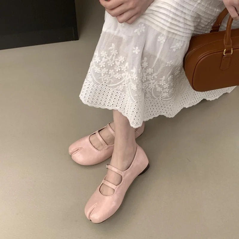 LIZAKOSHT  -  Spring New Tabi Ninja Shoes Women Round Spilt Toe Shallow Buckle Ballet Shoes Fashion Eelgant Low Heels Mary Jane Single Shoes