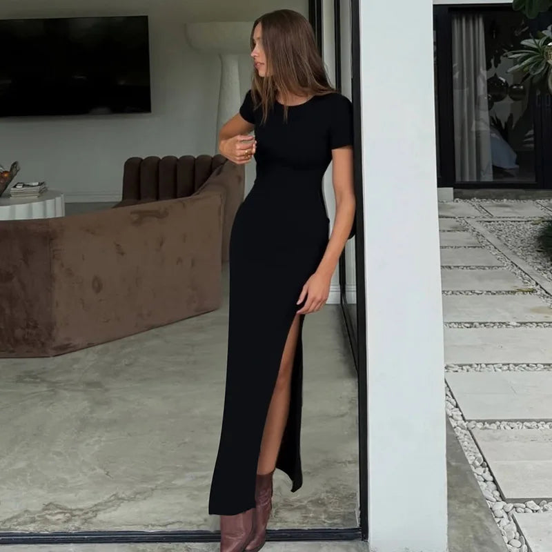 LIZAKOSHT  -  Summer Black Fashion Maxi Dress For Women High Waist Short Sleeve Side Split Sexy Party Dress Gown Female Bodycon Dress