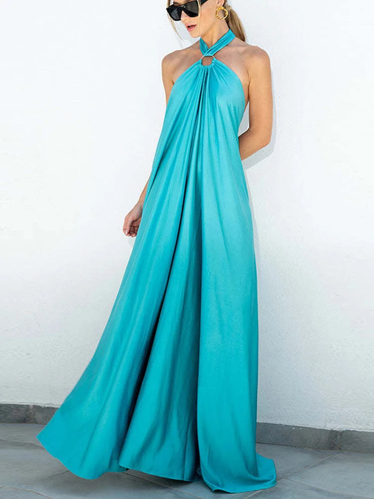 LIZAKOSHT  -  Casual Loose Sleeveless Beach Dress Women Solid Hollow Out Long Maxi Dress Summer Sexy Backless Solid Strap Cover Up Sundress