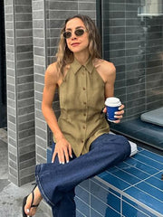 LIZAKOSHT  -  Women's Army Green Lapel Halter Sleeveless Button Front Shirt Elegant Waist Cinched Slim Casual Daily Blouse Streetwear Top