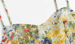LIZAKOSHT  -  Sexy Women Lacing Up Sling Short Dresses Holiday Robe Retro French Yellow Green Floral Grass Print Spaghetti Strap Dress