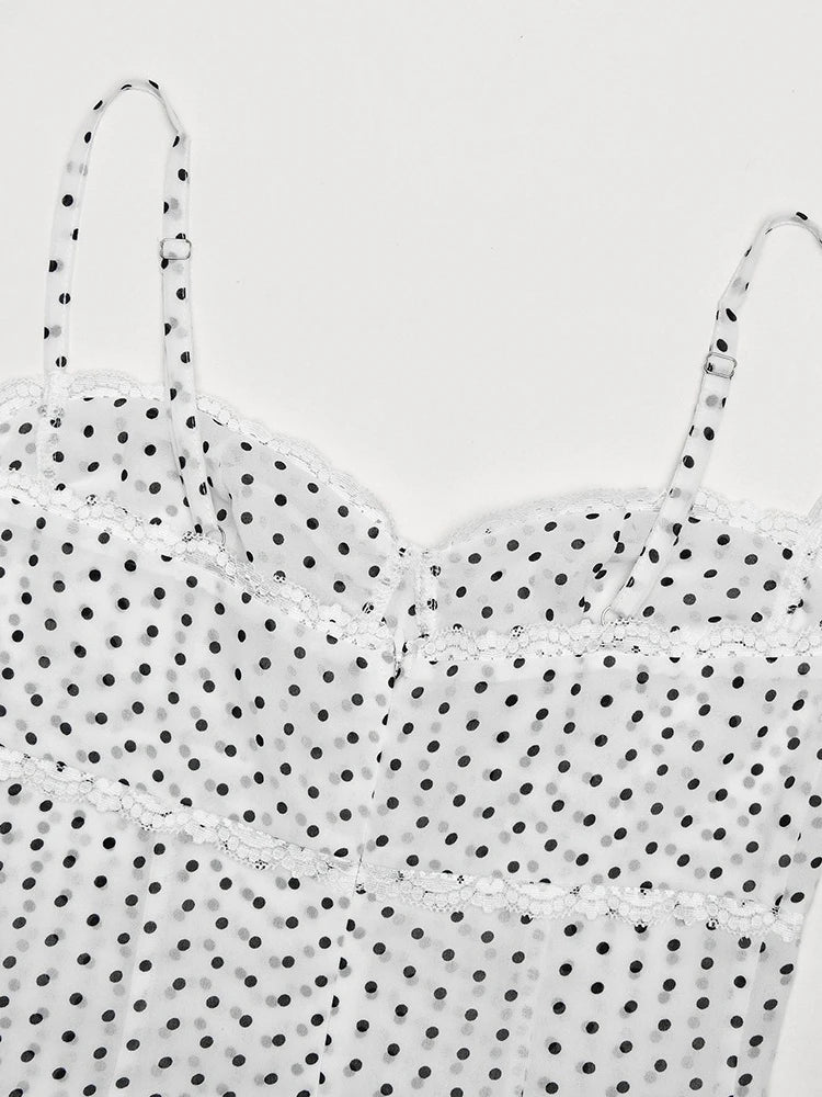 LIZAKOSHT  -  Elegant Lace Patchwork Chiffon Polka Dot Dress White Black Summer Women Spaghetti Strap Zipper Evening Party Dresses