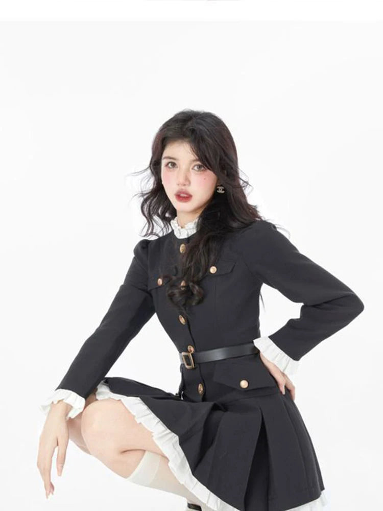 LIZAKOSHT  -  French Fashion Mini Dress Women Small Fragrance Long Sleeve Button Patchwork Suit Dresses Sweet Belt Slim O Neck Chic Vestidos