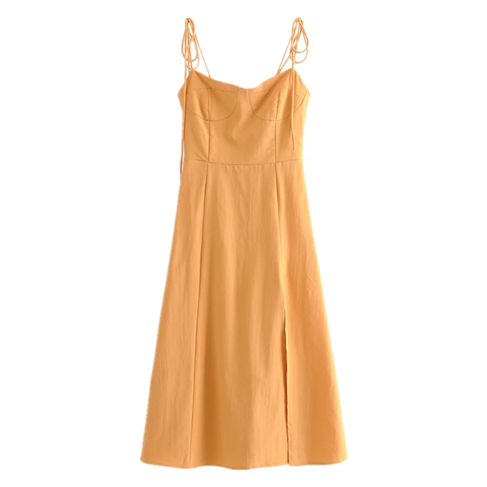 LIZAKOSHT  -  Sexy Solid Yellow Corset Style Bow Lacing up Strap Sling Dress Retro French Style Women Hem Slit Midi Long Dresses Holiday Robe