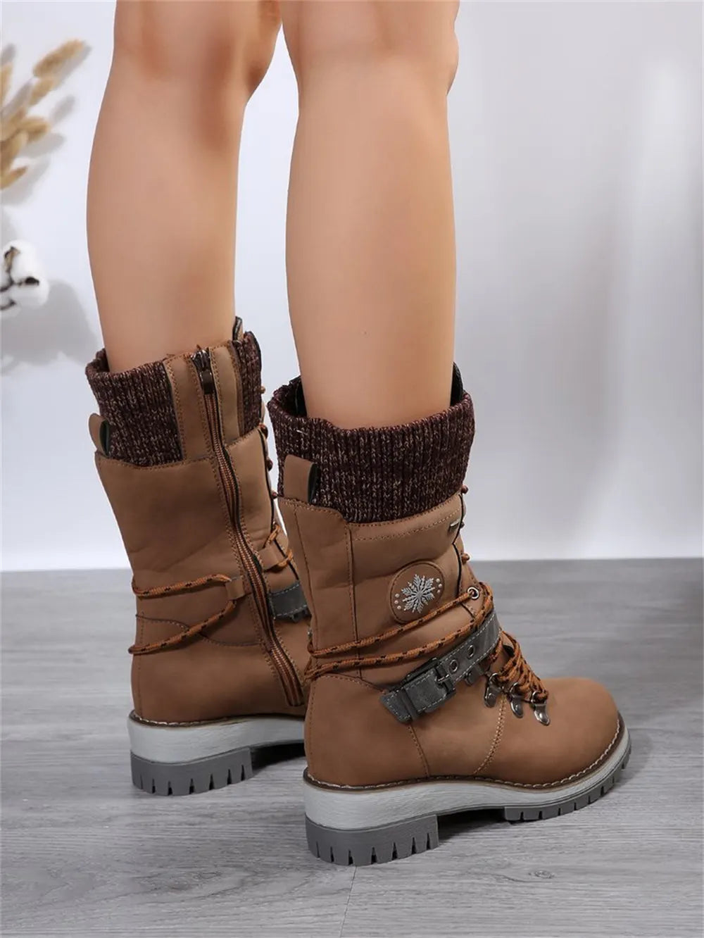 LIZAKOSHT  -  Plus Size 43 Women's Fashion Thermal Mid Calf Boots Knitted Splicing Lace Up Side Zipper Winter Boots Wedges heels Outdoor Boots