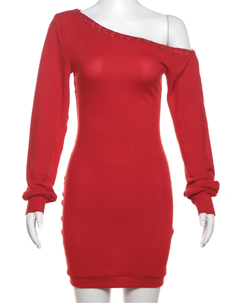 LIZAKOSHT  -  Autumn Hipster Inclined Shoulder Mini Dress Casual Street Outfits Women 2024 Fashion Rivet Long Sleeve Bodycon Red Dress