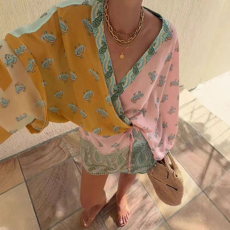 LIZAKOSHT  -  Women Fashion Pattern Print Mini Party Dress Elegant Deep V-neck Cover Up Robe Dress Casual Lantern Sleeve Lace-Up A-Line Dress