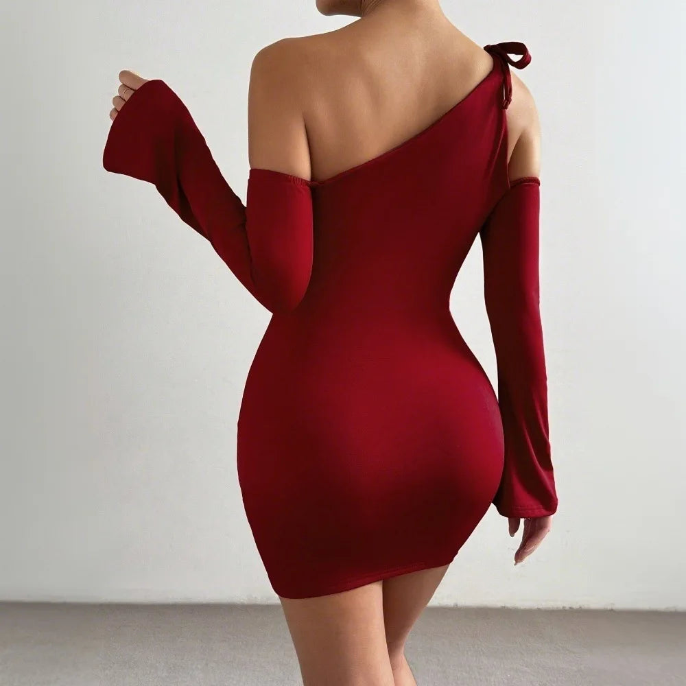 LIZAKOSHT  -  Women's Sexy Sloping Neck Single Side Sling Dress Red Off-Shoulder Skirt
