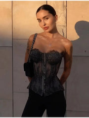 LIZAKOSHT  -  Sexy Lace Strapless Bead Top Women Fashion Sleeveless Perspective Slim Fit Short Top 2025 Lady Summer Chic Casual Streetwear