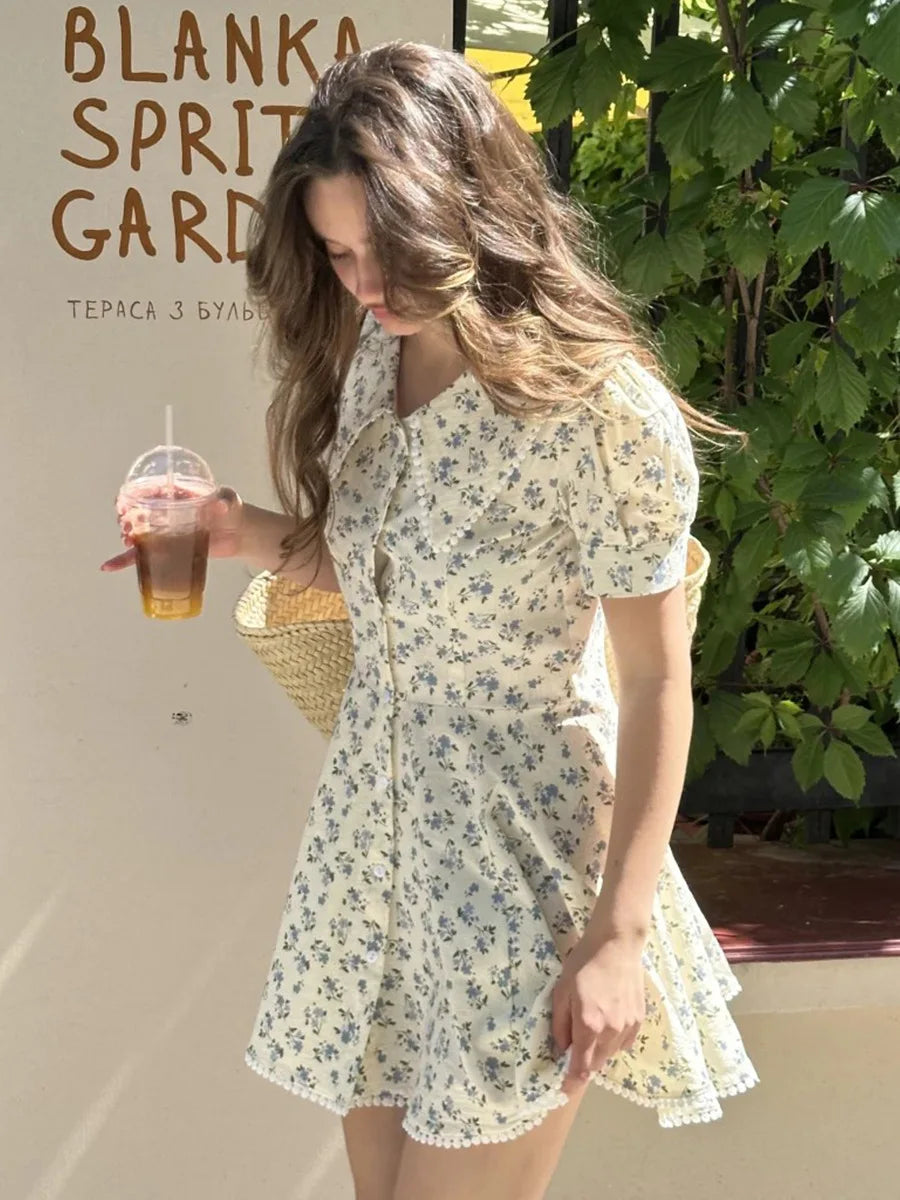 LIZAKOSHT  -  2026 Summer New Floral Short Sleeve Dress Women's Elegant Slim Fit Sweet Button Front Puff Sleeves Mini Dress