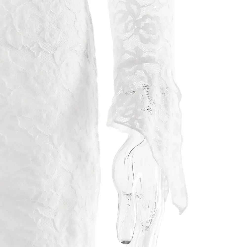 LIZAKOSHT  -  Sexy Deep V-neck Lace Women 3 Piece Sets White Long Sleeve See Through Dress Set Winter Slim Elegant Party Evening Dress