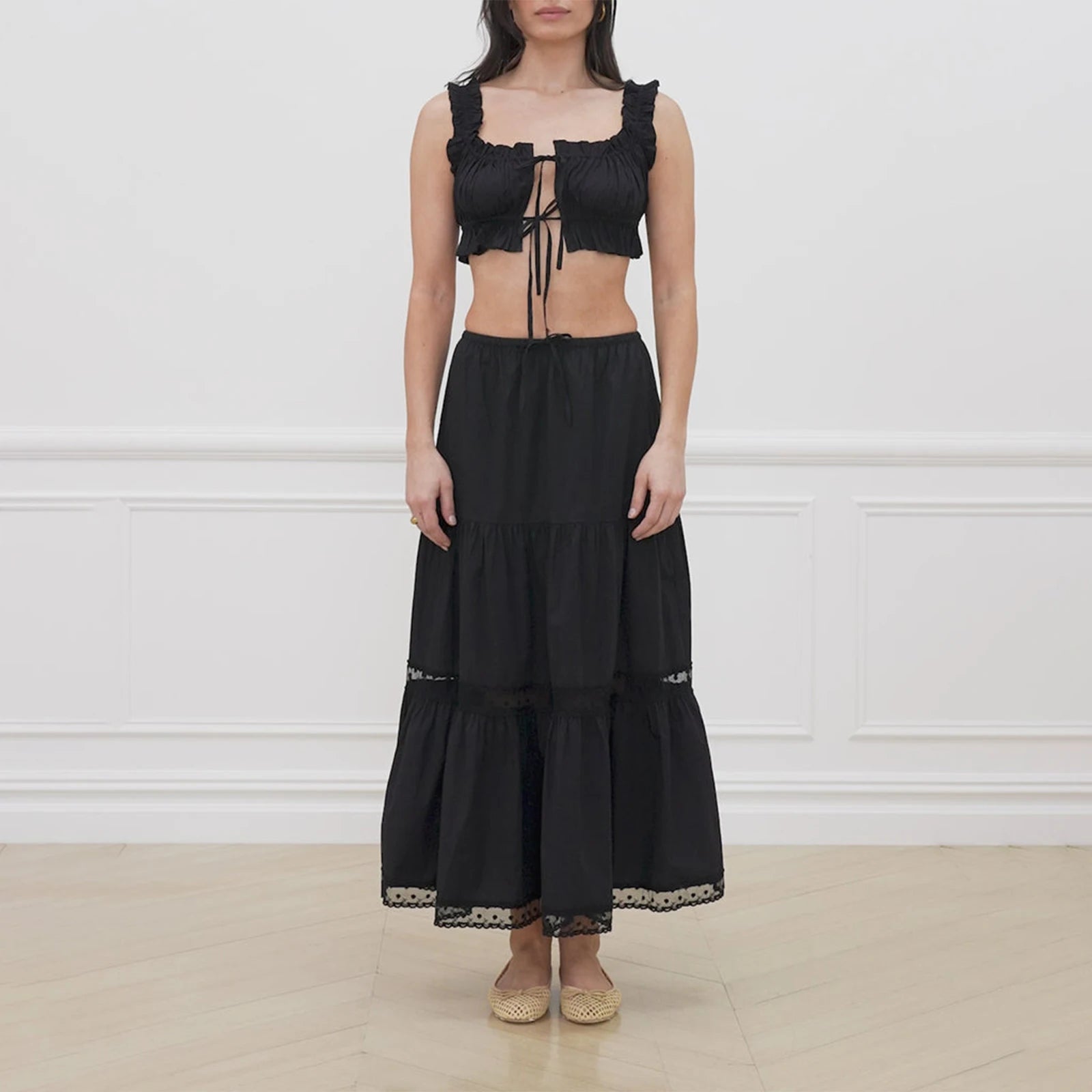 LIZAKOSHT  -  Vintage Frill Strap Front Tie Up Crop Tops + Maxi A-line Skirt Elegant Women Chic 2 Piece Set Fairy Y2K Matching Outfits