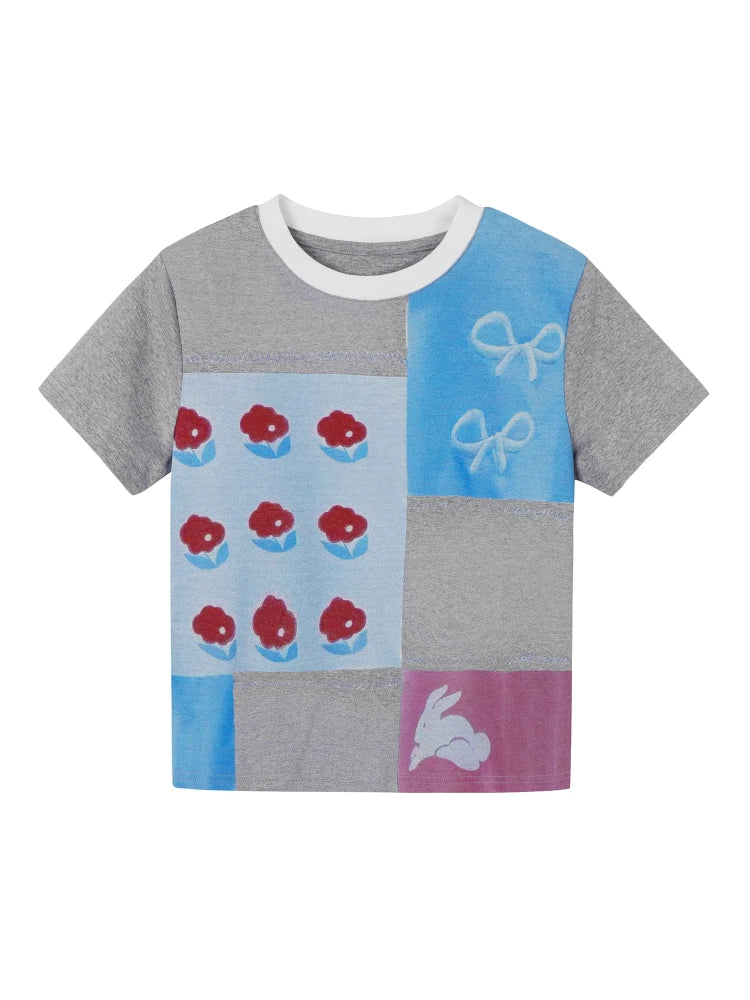 LIZAKOSHT  -  Korean chic  Summer O Neck Short Sleeve Geometric Print Cartoon Slim Women's T-shirts