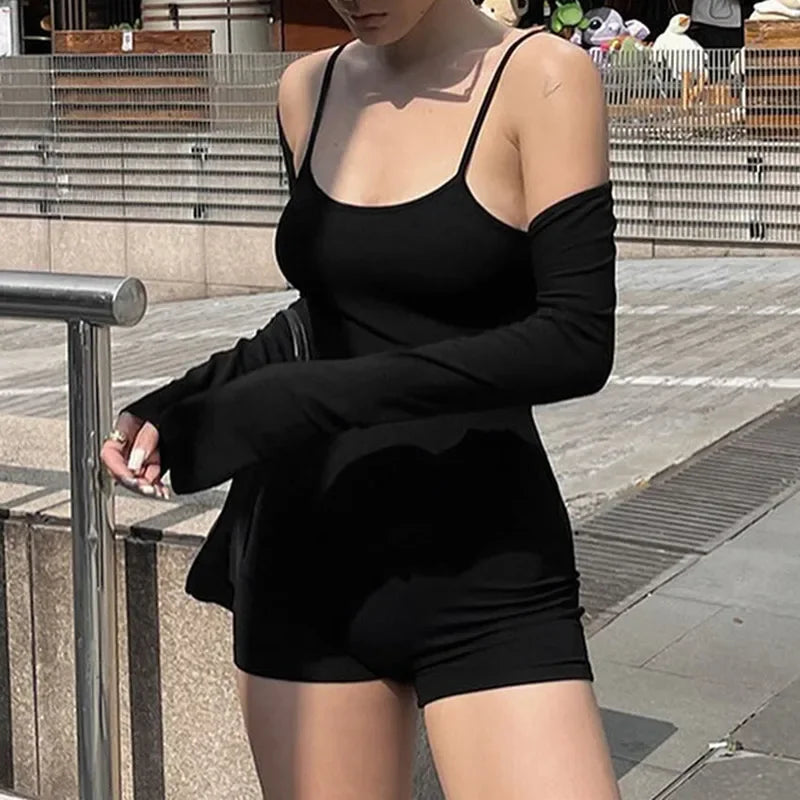 LIZAKOSHT  -  European and American Summer Fashion Solid Color Sports Casual Style Suspender Shorts Integrated Long Sleeve Vest Jumpsuit Set