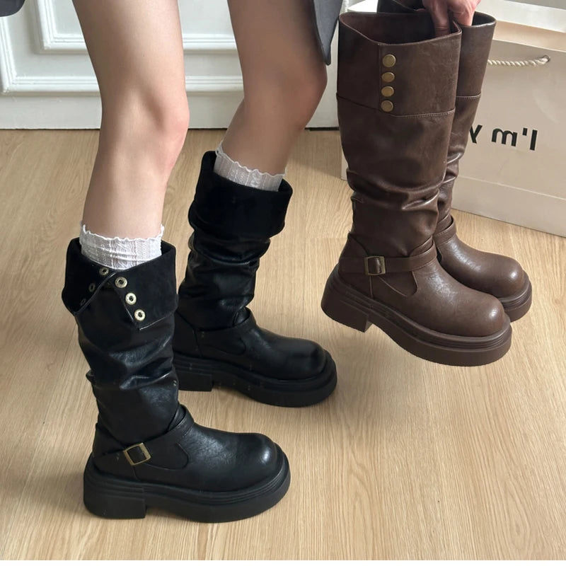LIZAKOSHT  -  Autumn Winter Platform Thick Bottom Woman Knee High Boots Shoes Ladies Elegant Belt Buckle Knight Booties