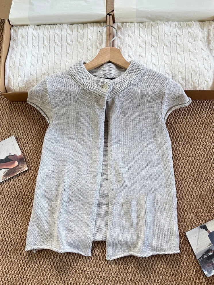 LIZAKOSHT  -   Sweet White Knitted Cardigan Women Simple Cotton Single Button Neckline Short Sleeve Sweater Vintage Preppy Style Outfit Top Y2K