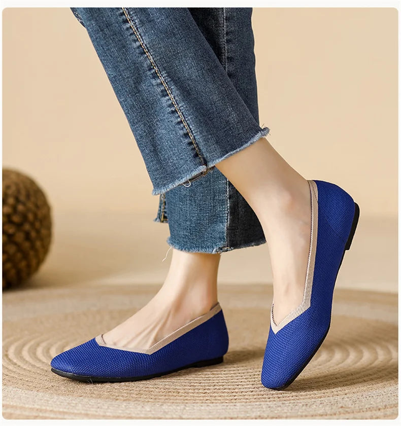 LIZAKOSHT  -  Women Spring Summer Comfort Fashion Knitting Fly Line Flat Shoes Luxury Shallow Mouth Square Toe Soft Sole Single Shoes