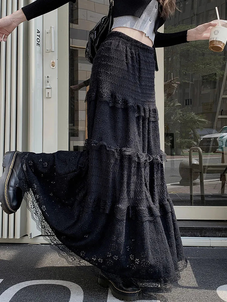 Lizakosht White Lace Long Skirt Women Vintage Fashion Hollow Out Cake Skirts Female Korean Casual Midi Dress Autumn Slim Ruffles Skirt