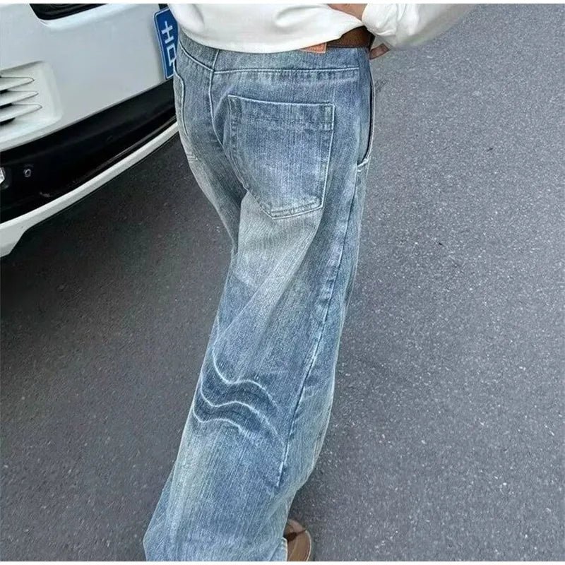 LIZAKOSHT  -  Retro Women's High Waist Wide Leg Denim Jeans Pant Washed Blue Loose-Fit Pants For Woman Spring Fall Casual Streetwear Trousers