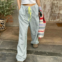LIZAKOSHT  -  Women Wide Leg Pants Casual Loose Vertical Stripe Print Elastic Lounge Trousers with Pockets for Work Office Streetwear