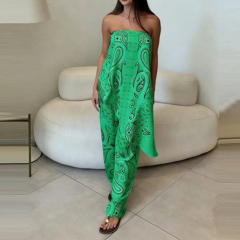 LIZAKOSHT  -  Summer Hawaii Casual Vacation Two Piece Sets Elegant Women Simple Set Fashion Tube Top Pattern Printed Irregular Tops&Pants Sets
