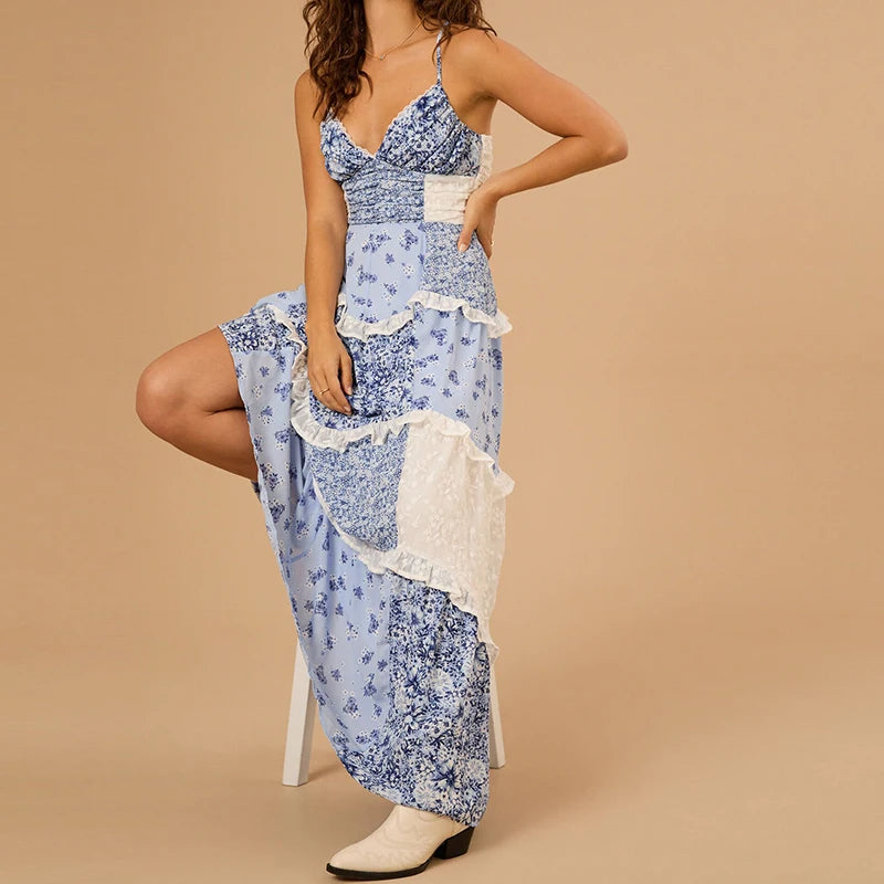 LIZAKOSHT  -  Women Floral Flowy Maxi Dress Boho Y2K Long Dress Spaghetti Strap V Neck Low Cut Ruffle Frill Tiered Beach Sundress