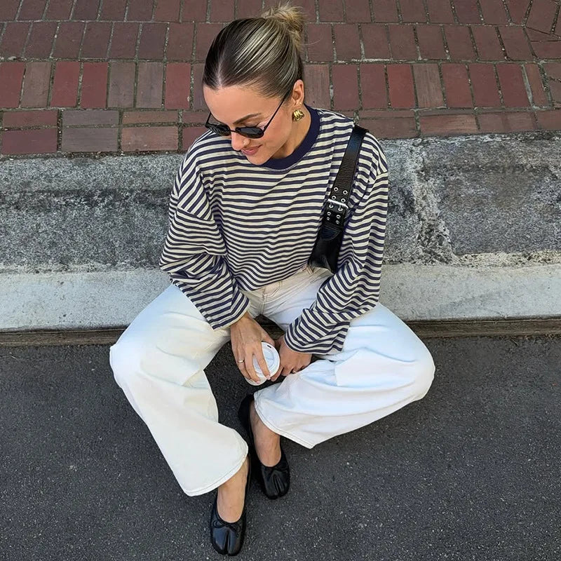 LIZAKOSHT  -  Casual Striped T-shirts for Women 2025 Autumn O-neck Long Sleeve Loose Tops Tees Female Contrast Color T Shirt Streetwear