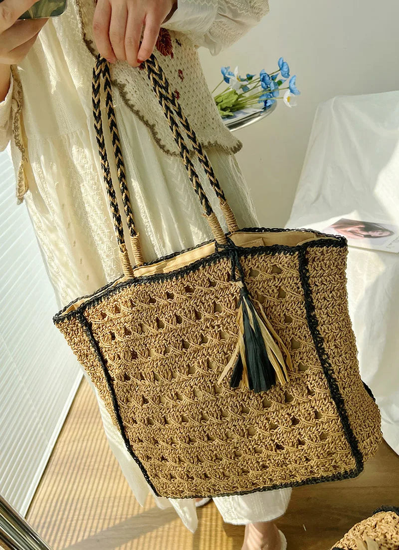 LIZAKOSHT  -  Mesh Crochet Beach Bags Women Hollow Out Straw Woven Tote Bag Seaside Vacation Square Knitted Handbag with Tassel