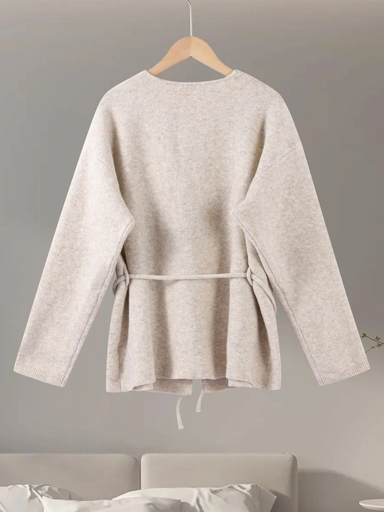 LIZAKOSHT  -  Casual Knit Cardigan Women Loose V Neck Long Sleeves Lace Up Sweater Coats Female 2025 Autumn Winter Solid Soft Chic Knitwears