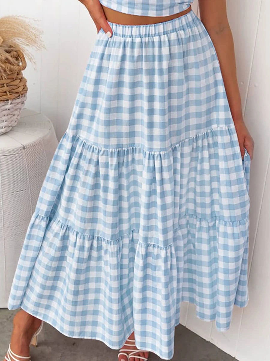 LIZAKOSHT  -  Maxi Gingham Skirt Vintage Tiered Ruff Patchwork Plaid Long Skirt Women Japanese Grunge Fairyore High Waist A-line Swing Skirts
