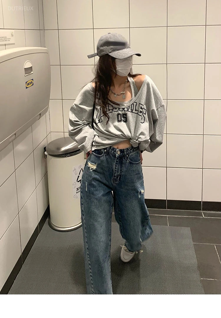 LIZAKOSHT  -  Sudaderas Spring Autumn Sweatshirt Halter Letter Print Loose 2 Piece Aesthetic Hoodies Women Retro Fashion Casual Y2k Streetwear