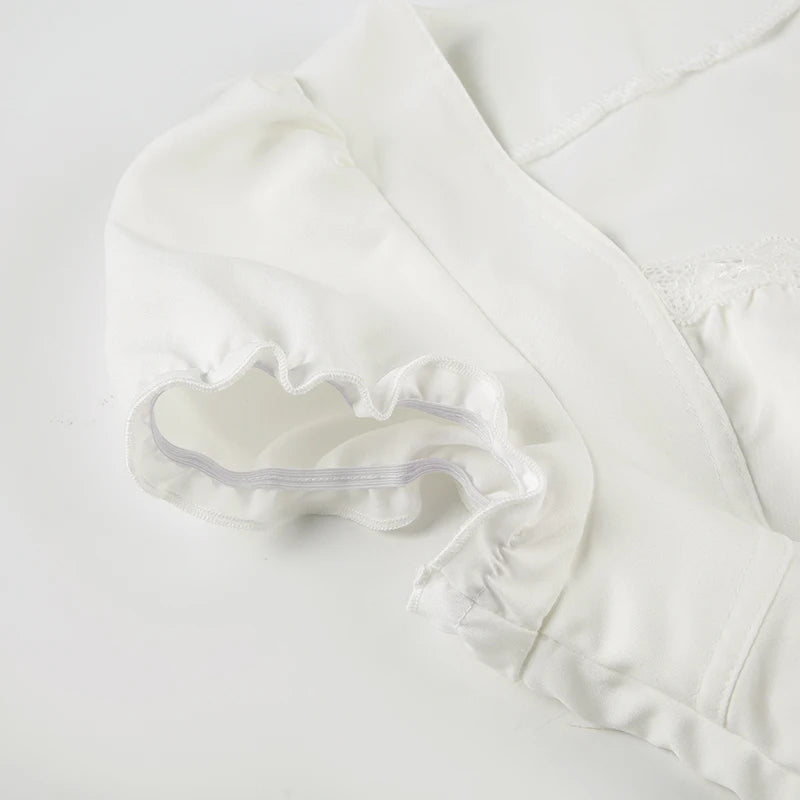 LIZAKOSHT  -  Lace Stitching Square Collar Top Summer French Style Puff Short Sleeve T-shirt Elegant Basic Clothing Chic Sweet Tops