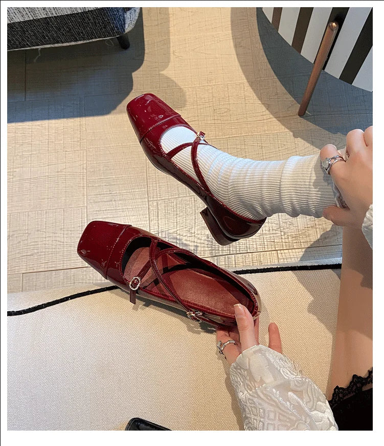 LIZAKOSHT  -  japanned leather cross band pumps women square toe low heel mary janes shoes woman crystal buckle zapatos de tacón mujer