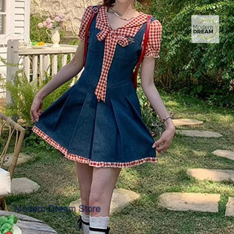 LIZAKOSHT  -  Sweet red plaid contrast temperament bow dress female summer new fake two-piece puff sleeves waist pleated stitching skirt