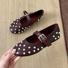 LIZAKOSHT  -   Studded Mary Jane Flats Women Suede Round Toe Buckle Strap Ballet Shoes Brown Punk Goth Casual Loafers Comfortable Ladies