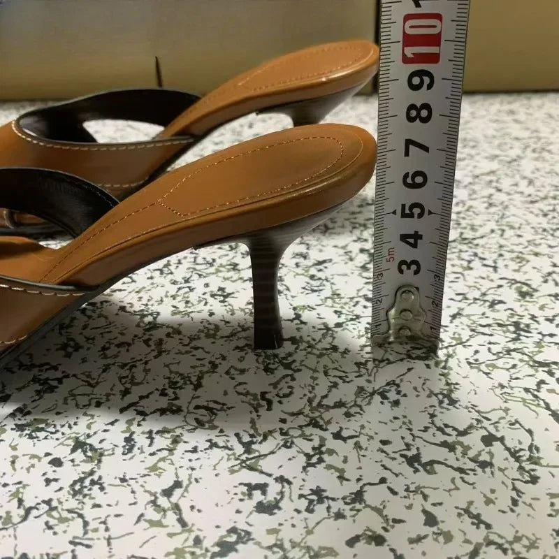 LIZAKOSHT  -  Retro Sewing Brown Women Mules Shoes Summer Casual Lightweight Open Toe Brand Stilettos Elegant Comfort Lady High Heels Sandals