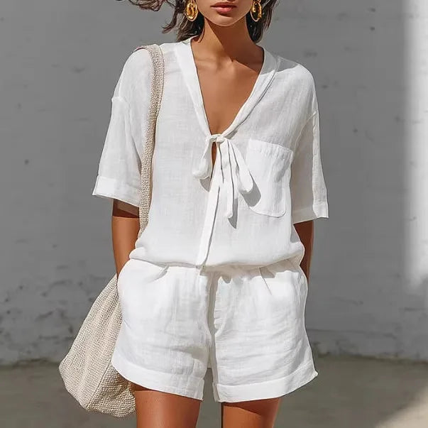 LIZAKOSHT  -  Women's 2 Piece Beach Shorts Outfits Summer Casual Loose Short Sleeve V Neck Tie Up Tops Wide Leg Shorts Sets Comfy lounge Sets