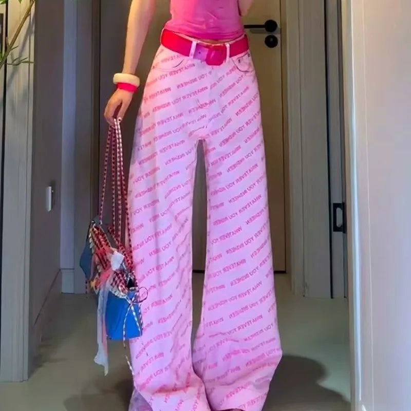 LIZAKOSHT  -  Fashion Spicy Girl Dopamine Pink Letter-printed Trendy Straight-leg Jeans for Women New Niche Loose Slimming and Wide-leg Style