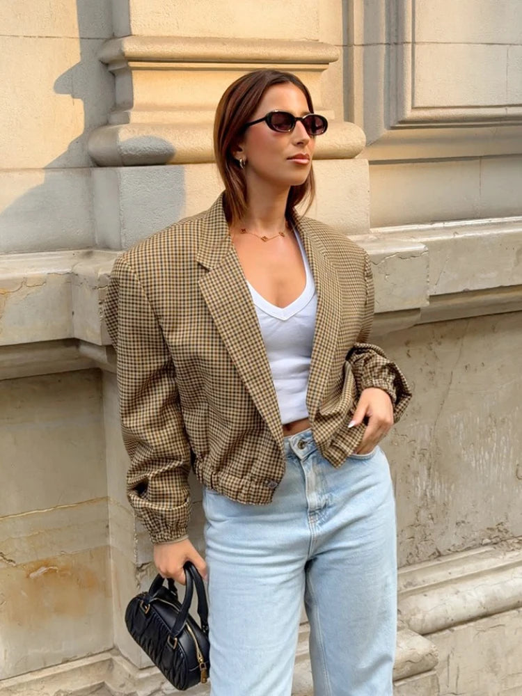 LIZAKOSHT  -  Vintage Plaid Suit Women 2025 Autumn Long Sleeve Single Button Short Blazers Office Lady Loose Cropped Top Outerwears