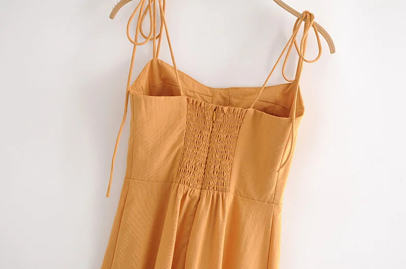 LIZAKOSHT  -  Sexy Solid Yellow Corset Style Bow Lacing up Strap Sling Dress Retro French Style Women Hem Slit Midi Long Dresses Holiday Robe
