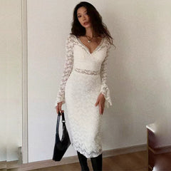 LIZAKOSHT  -  Sexy See Through Lace Women 3 Piece Sets White V-neck Long Sleeve Dress Sets Winter Slim Elegant Party Evening Dress