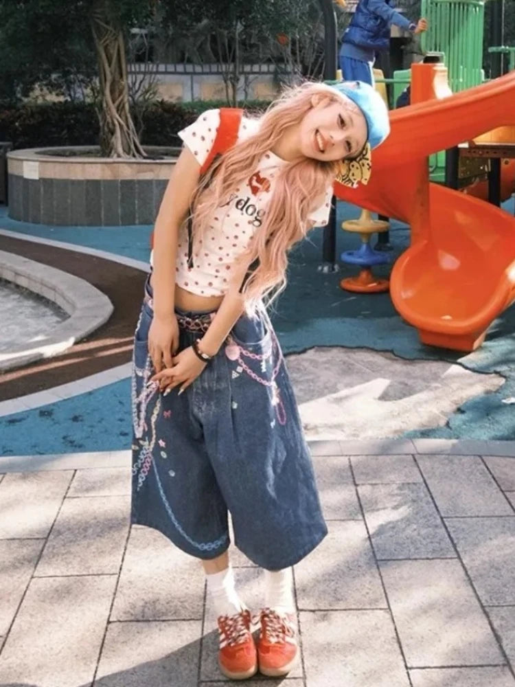 LIZAKOSHT  -  Y2k Kawaii Sweet High Waist Wide Leg Pants Women American Retro Trendy Design Streetwear Graffiti Print Oversized Jeans