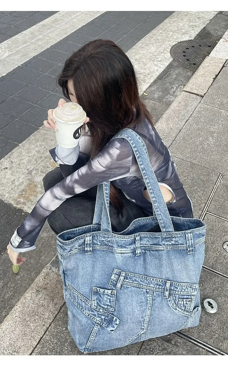 LIZAKOSHT  -  Fashion Washed Denim Women Handbag Large Capacity Casual Commute Big Tote Cowboy Female Shoulder Bags Blue Bolsos