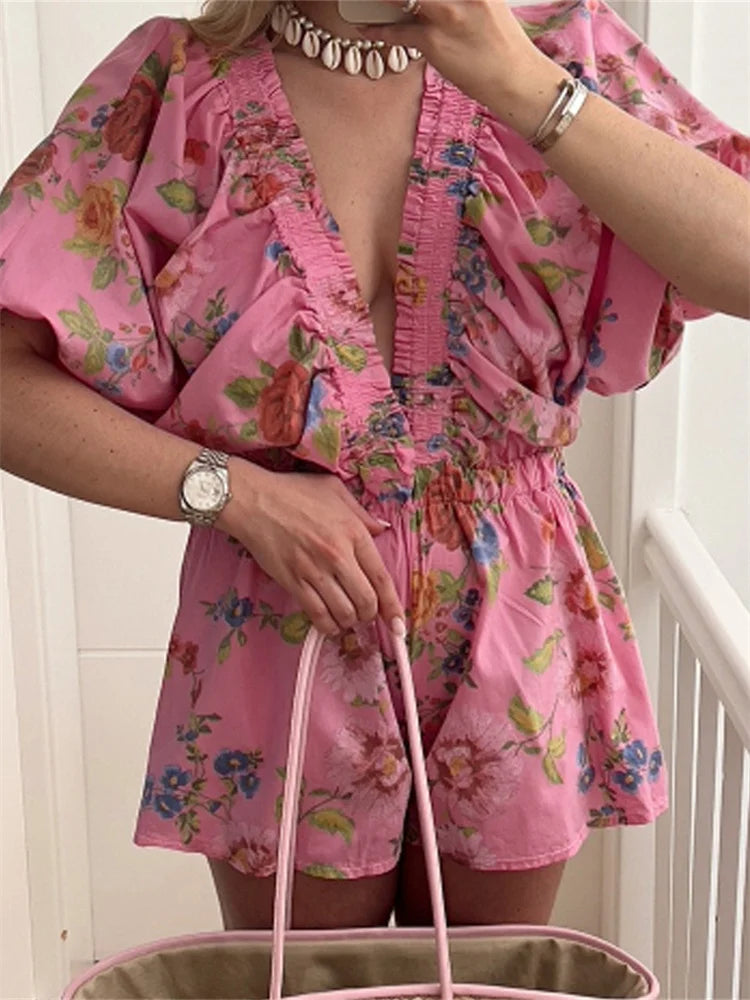 LIZAKOSHT  -  Women Deep V-Neck Loose Rompers Floral Print Short Puff Sleeve Summer Jumpsuits High Waist Playsuits Streetwear