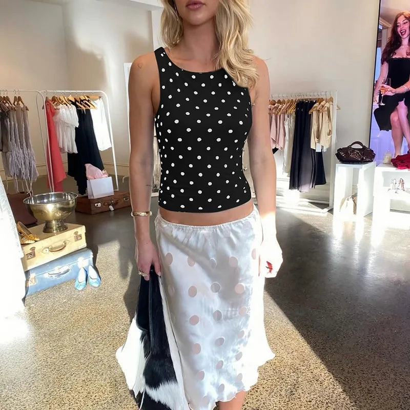 LIZAKOSHT  -  Casual Sexy Polka Dot Tank Tops For Women O-neck Sleeveless Slim Corset T-shirt Streetwear Y2K Girls Clothes Cropped Top