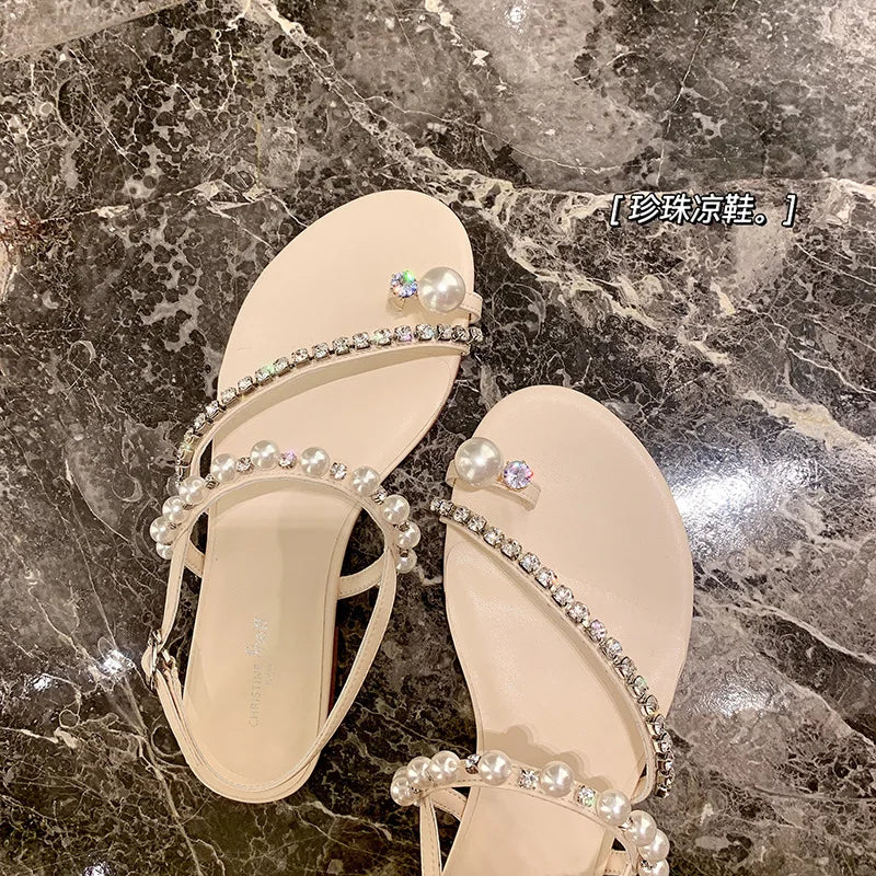 LIZAKOSHT  -  new summer crystal band flat sandals women/girl's clip toe pearl rivets gladiator sandalias mujer jandal summer shoes woman