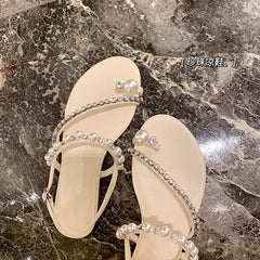 LIZAKOSHT  -  new summer crystal band flat sandals women/girl's clip toe pearl rivets gladiator sandalias mujer jandal summer shoes woman