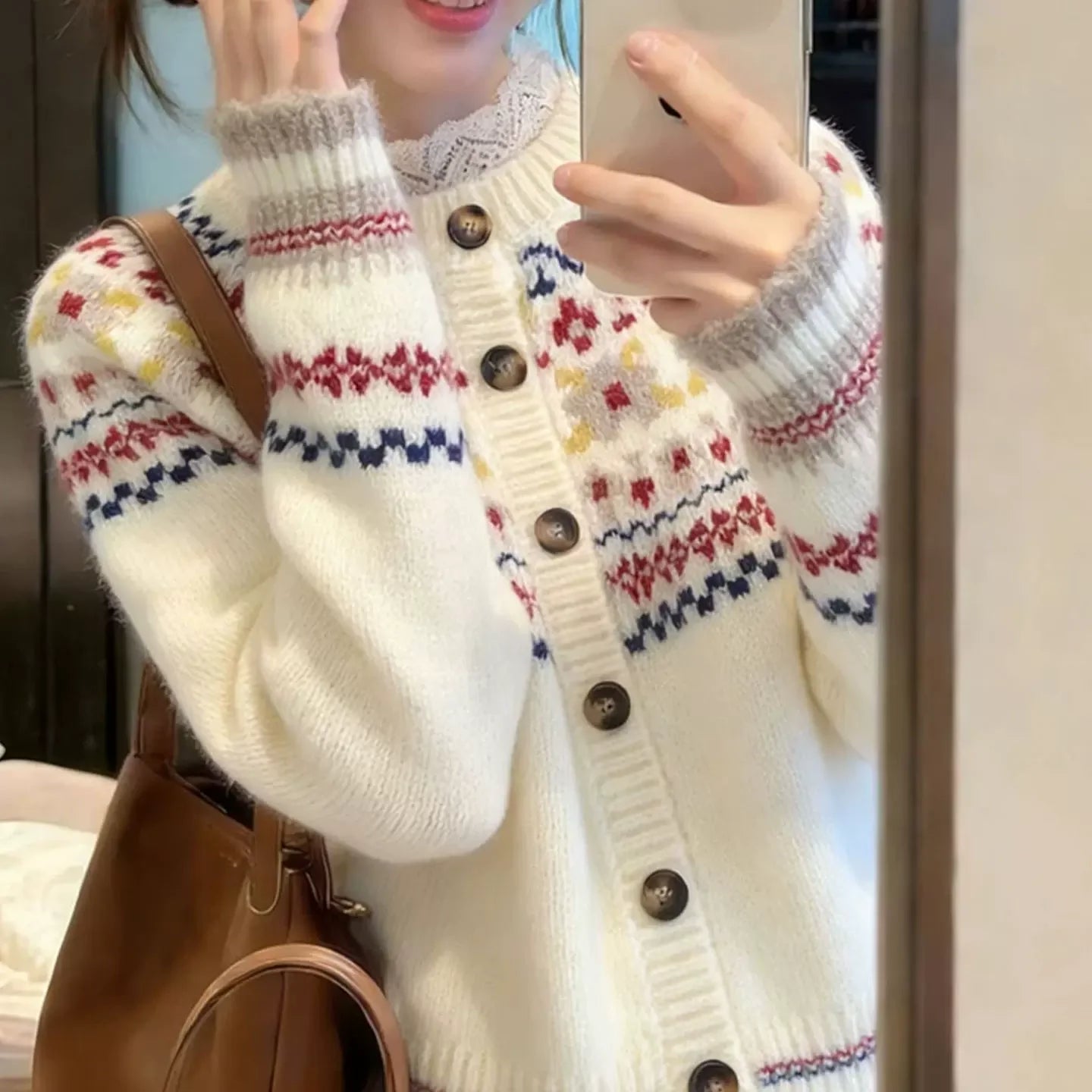 LIZAKOSHT  -  Elegant Fashion Women's Knitted Cardigan Sweater Casual Fit Autumn Winter New Style Y2k Fair Isle Pattern Grey Knit Top Jumper